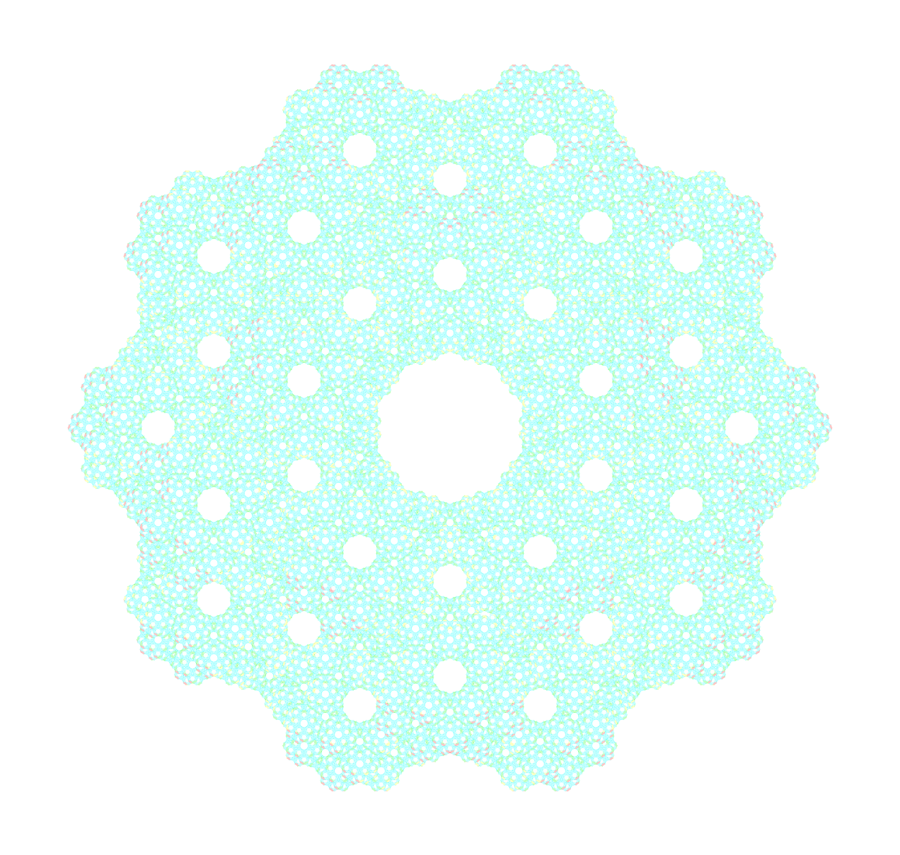 Iteration 3 of the icosidodecahedron fractal, viewed from the perspective with 5-fold rotational symmetry. It's mostly cyan with a large quasi-circular hole in the center. Various other holes can be seen, forming pentagons and dodecagons with the other holes